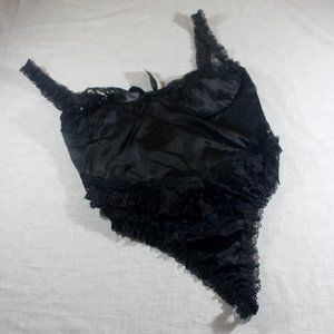 Je T'adore Black Silky and Lace Teddy One Piece Super Sexy T Back 80's Vintage
